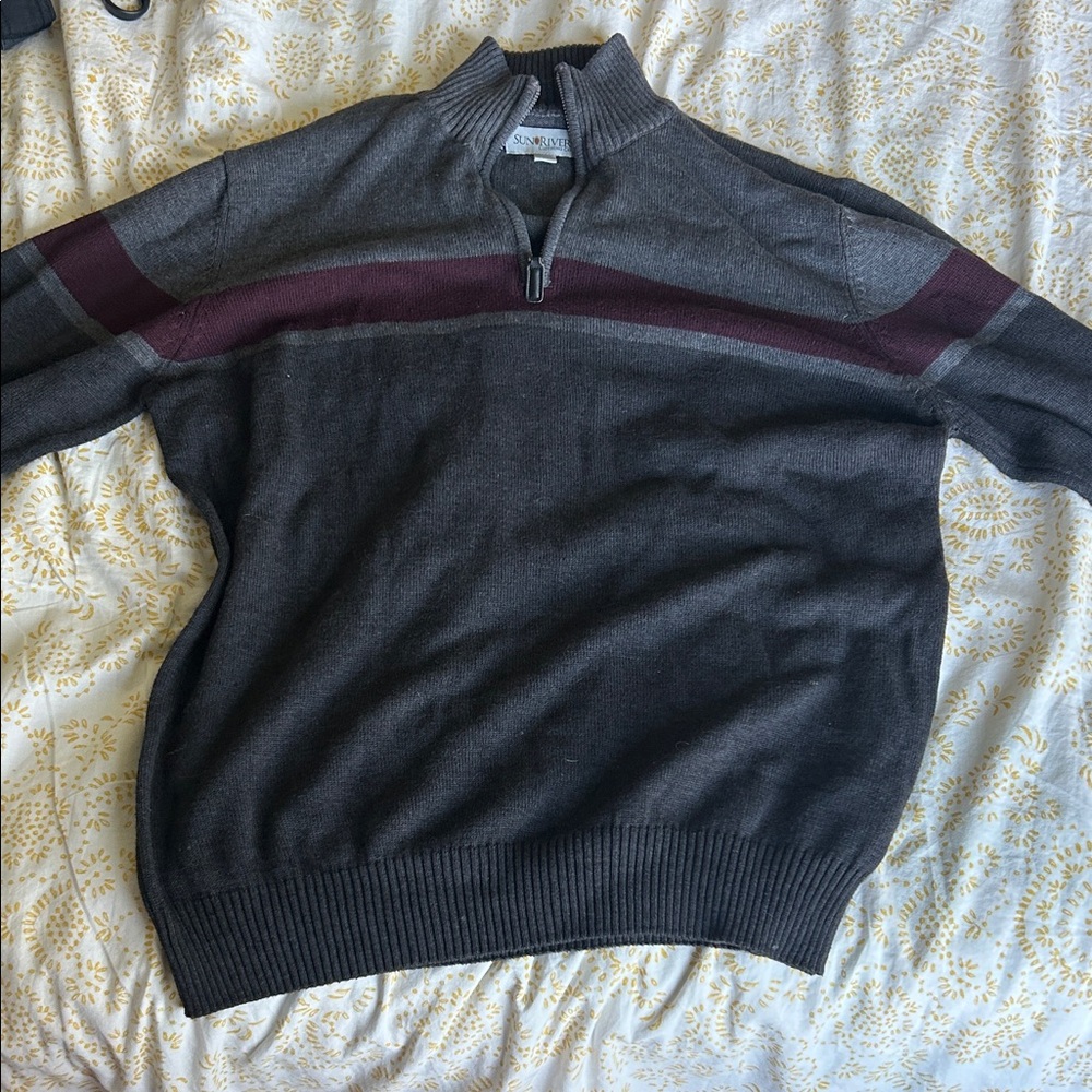 Gray and Red Zip Up Sweater with Quarter-Zip Design